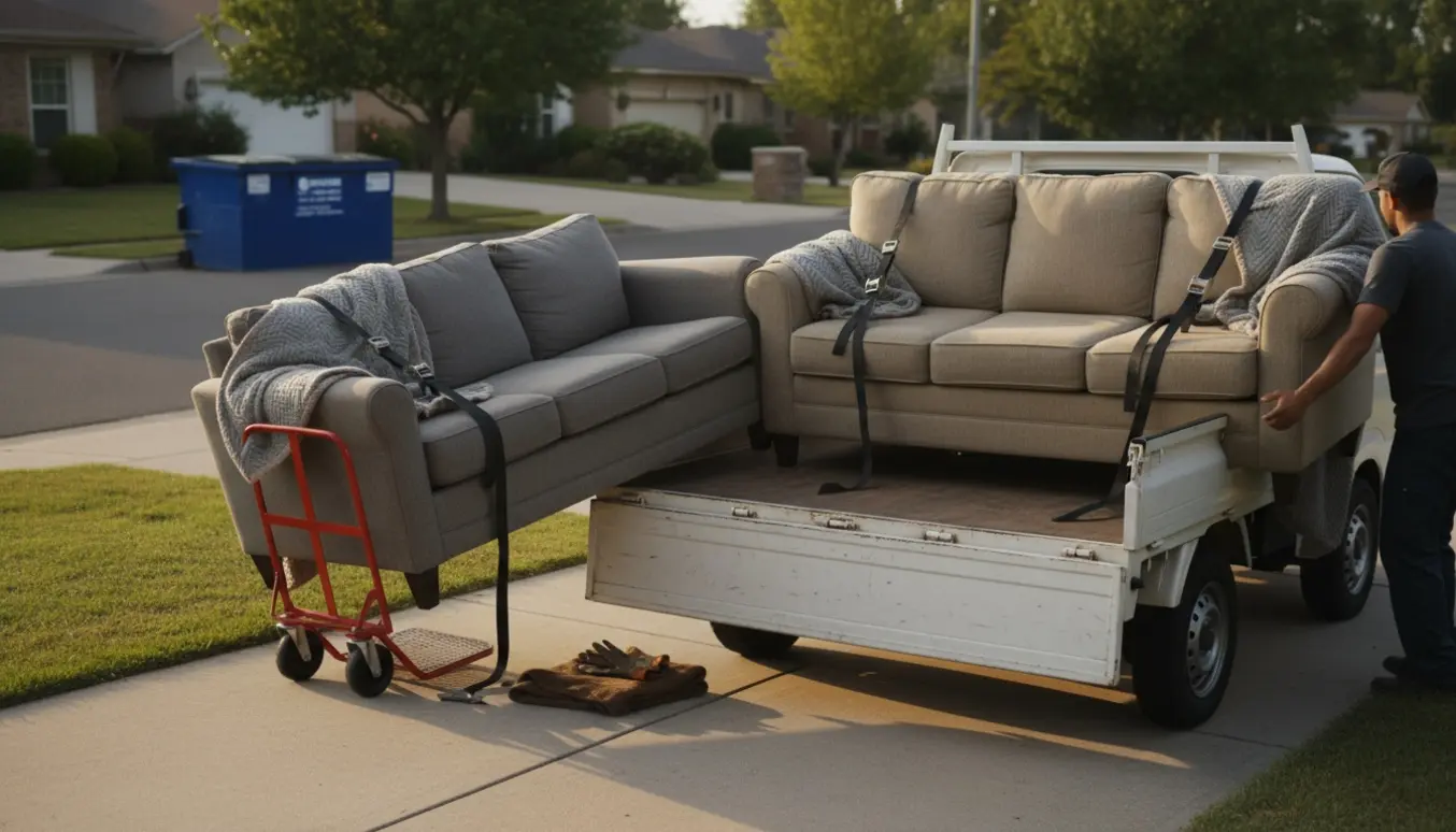To trepersoners sofaer læsses på en varebil til afhentning og bortskaffelse.