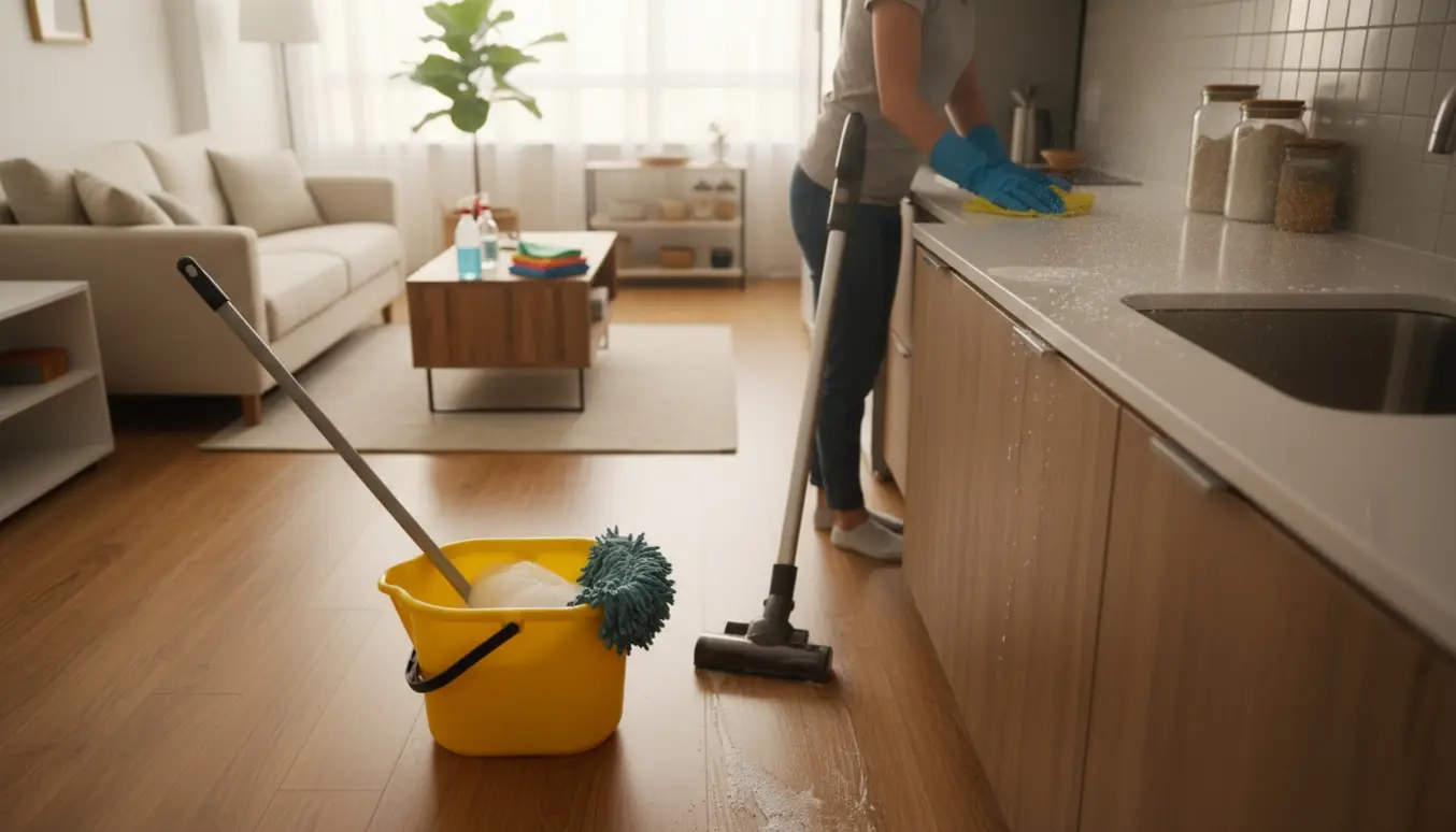 Person i handsker gør grundig rengøring i en kompakt, solbeskinnet lejlighed med moppe, støvsuger og rene overflader.