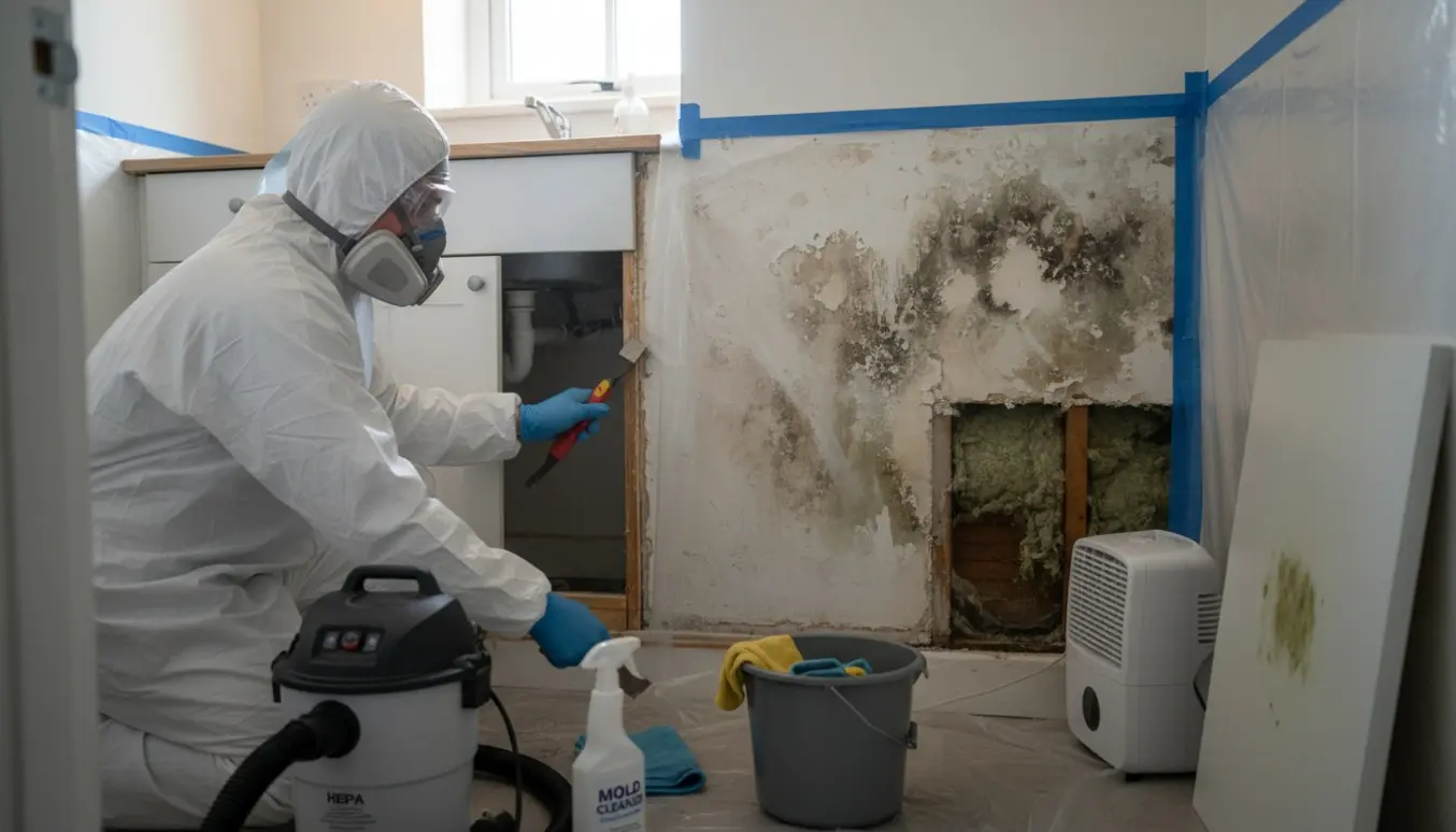 Fagperson i værnemidler fjerner køkkenelementer og afrenser skimmelsvamp på ydervæg i bryggers.