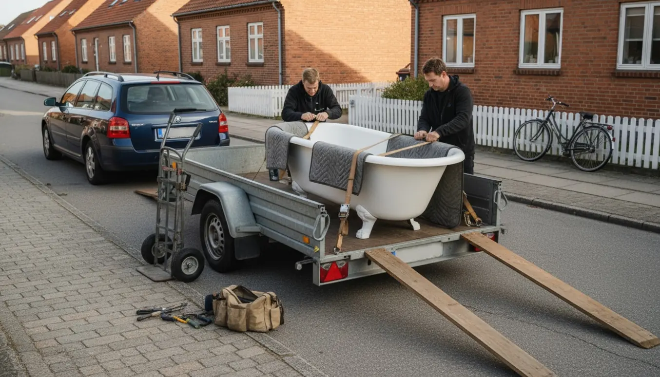 Et hvidt badekar læsses på en trailer på en stille dansk villavej i blødt eftermiddagslys.