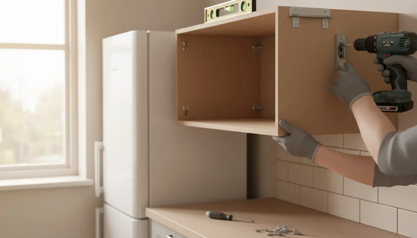 Hænder monterer et IKEA-skab over et køleskab i et lyst køkken.