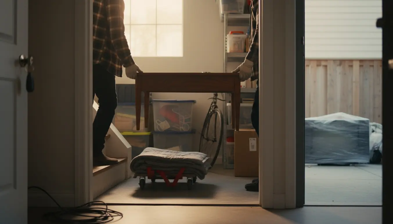 Sofabord bæres ned ad trappen mod et kælderrum, med en nøglebrik i forgrunden og et TV klar til storskrald udenfor.