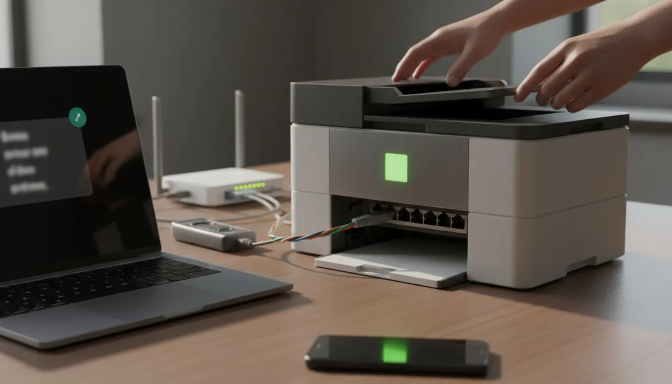 Hænder tilslutter et Ethernet-kabel til en netværksprinter mens en bærbar viser en sløret offline-meddelelse.