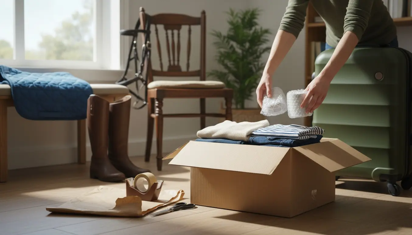 Hænder pakker tøj, nips og hesteudstyr i en flyttekasse ved en åben kuffert i naturligt dagslys.