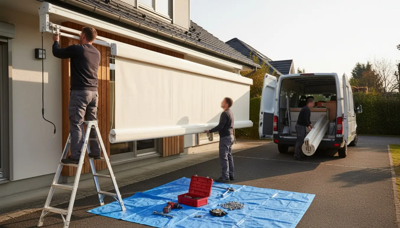 To håndværkere fjerner en cirka fire meter lang markise fra husfacaden, en på stige mens den anden støtter, med værktøj og varevogn klar til afhentning.