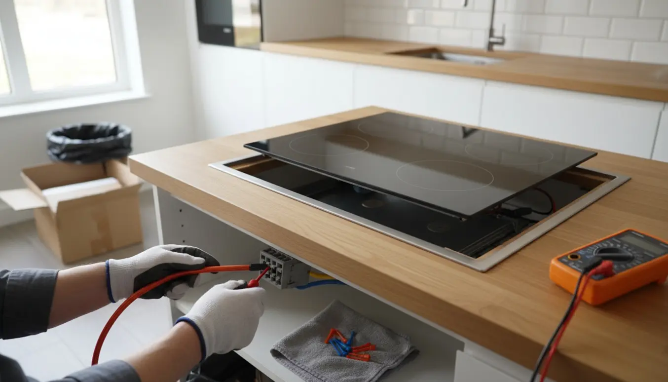 Indbygget induktionskogeplade tilsluttes i et moderne køkken med synlige ledninger og værktøj.
