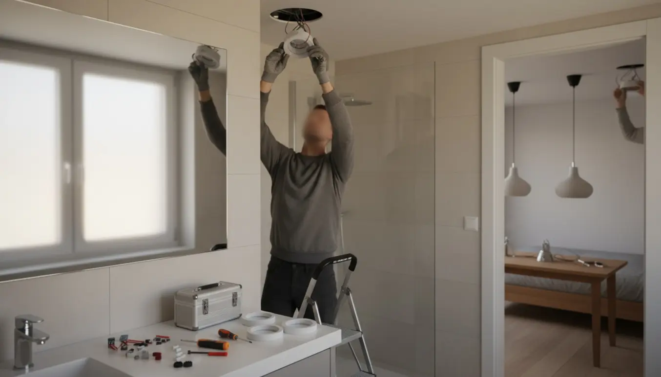 Hænder på en stige skifter indbygningsspots i et badeværelse, mens lamper ligger klar til ophæng i baggrunden.