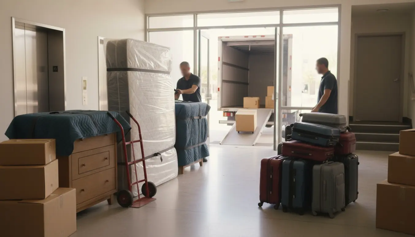 Flyttefolk læsser indpakkede møbler, kufferter og flyttekasser i en varevogn foran en opgang med elevator.