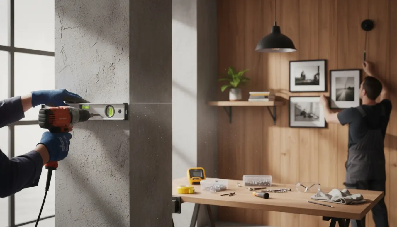 Nærbillede af hænder, der monterer hylde, billeder og lampe på træ- og betonvæg med værktøj på et ryddeligt arbejdsbord.