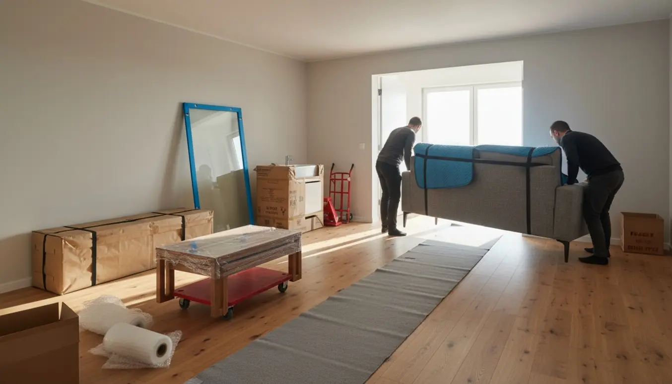 Flytning med hjørnesofa, to sofaborde, to små tv-skabe samt indpakket glasvæg og håndvask i en lys lejlighed.