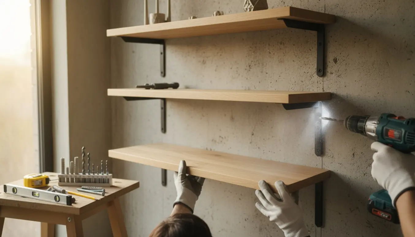 Hænder monterer tre træhylder på en rå betonvæg med slagbor og beslag.