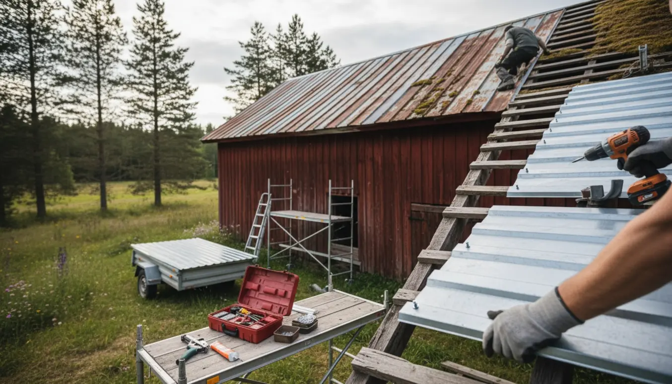 Håndværker skifter en løs tagplade på en gammel rød lade i svensk skovlandskab.