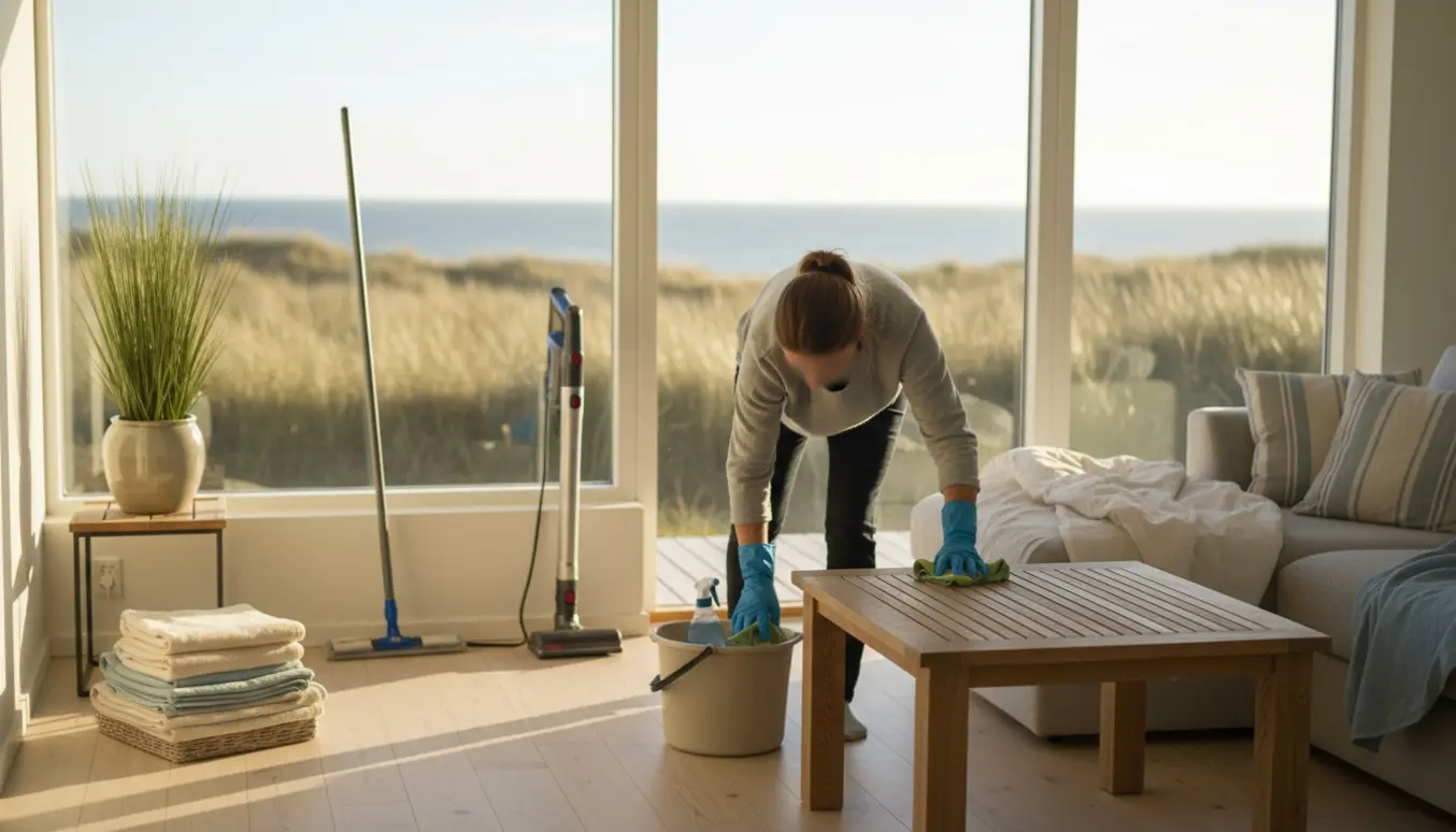 Rengøringshjælp i lyst sommerhus i Blokhus; hænder tørrer et træbord mens morgenlyset falder ind.