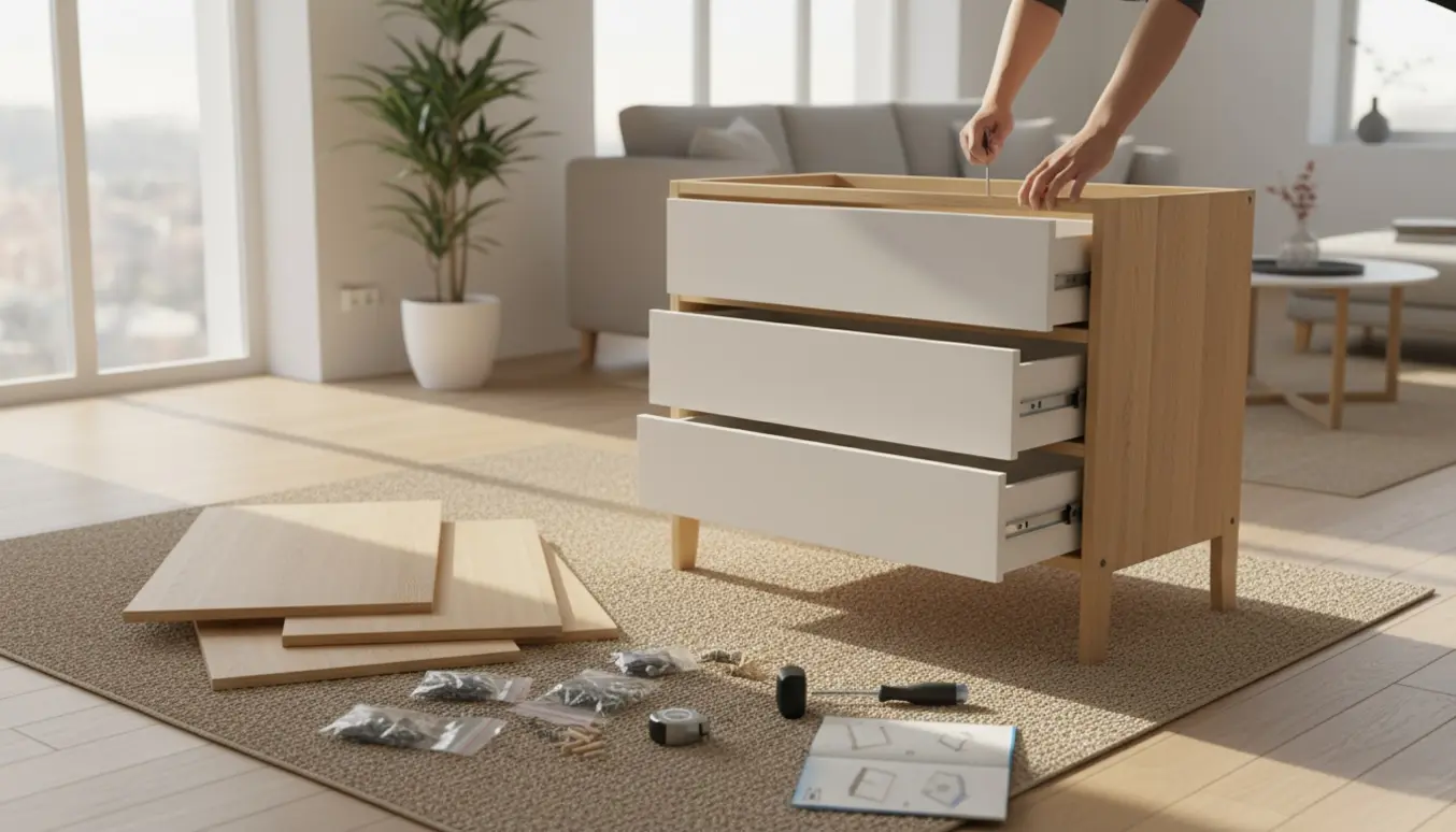 Hænder samler en seks-skuffers Ikea-kommode i en lys, skandinavisk stue.