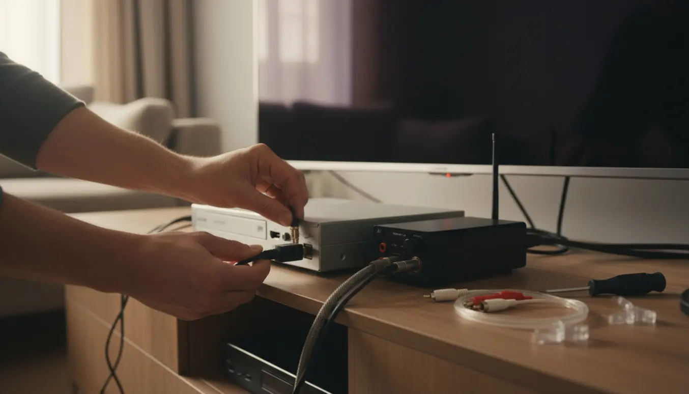Nærbillede af hænder, der tilslutter HDMI-, koaksial- og RCA-kabler mellem en DVD-afspiller, radio og TV i et ryddeligt mediemøbel.