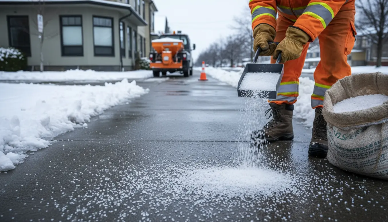 En arbejder spreder vejsalt på et ryddet fortov ved en snedækket hjørnegrund.