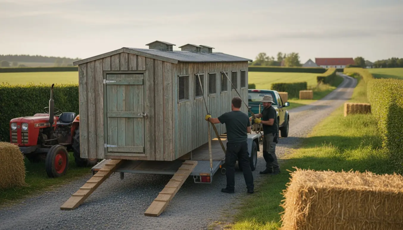 Et hønsehus læsses og fastgøres på en trailer i et roligt dansk landskab.