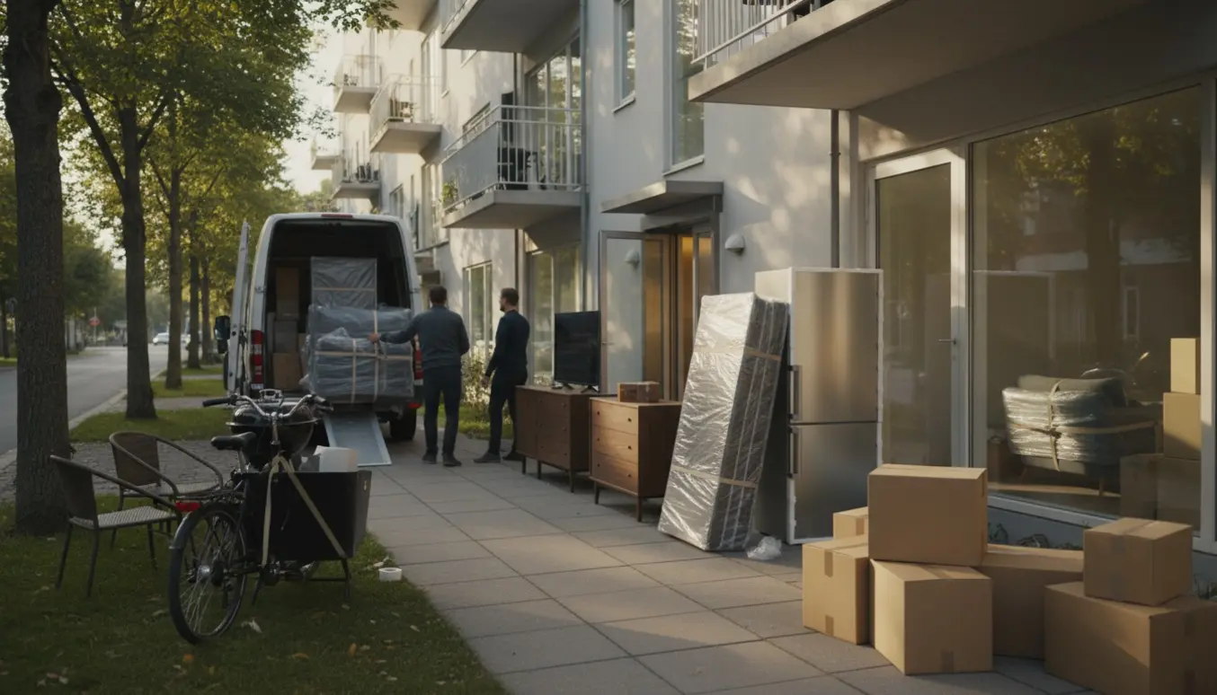 Flyttevogn og flytteudstyr udenfor en lejlighed med sofa, køleskab og kasser klar til indflytning.