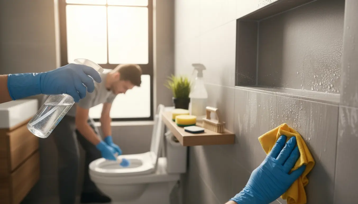 Nitrilhandskeklædte hænder påfører nanobehandling i en bruseniche, mens toilettet rengøres i baggrunden.