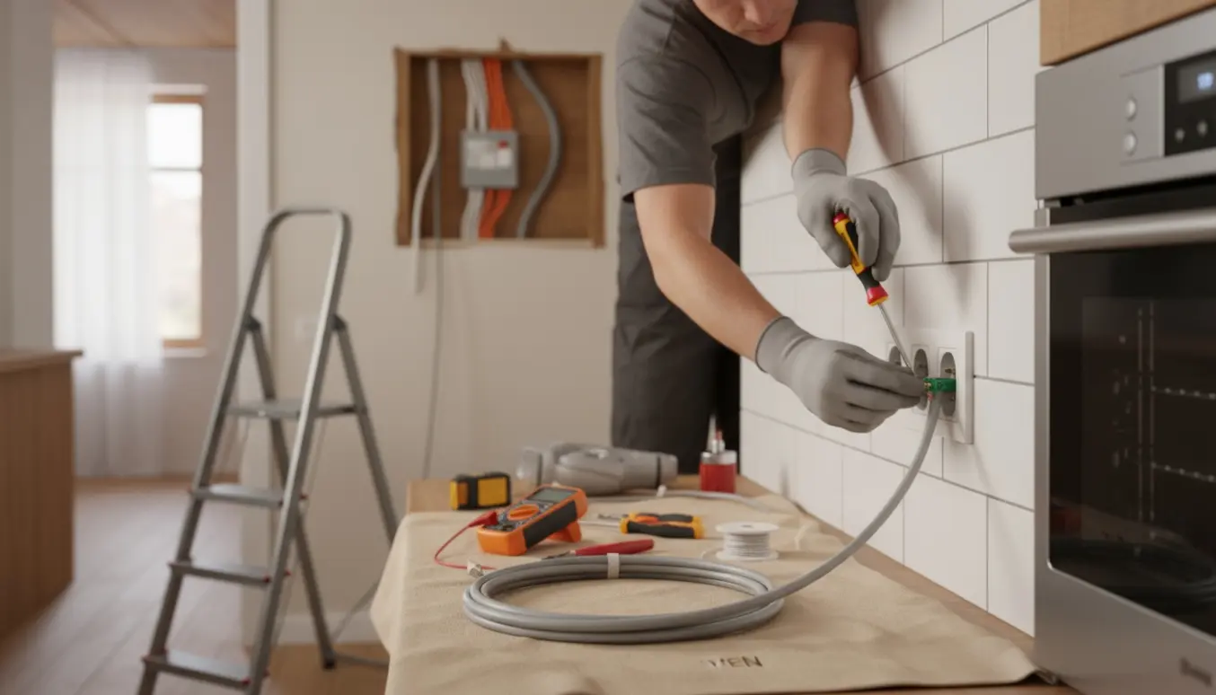 Elektriker monterer ny jordforbundet stikkontakt i køkken med åben gangloft og kabler i baggrunden.
