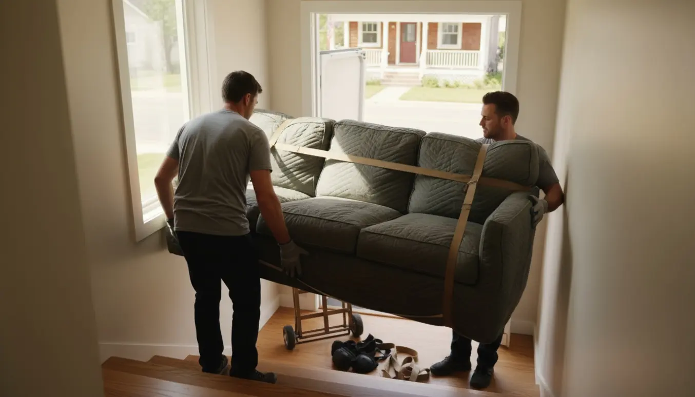 To flyttemænd bærer en trepersoners sofa ned ad trappen mod en ventende flyttebil med et sommerhus i baggrunden.