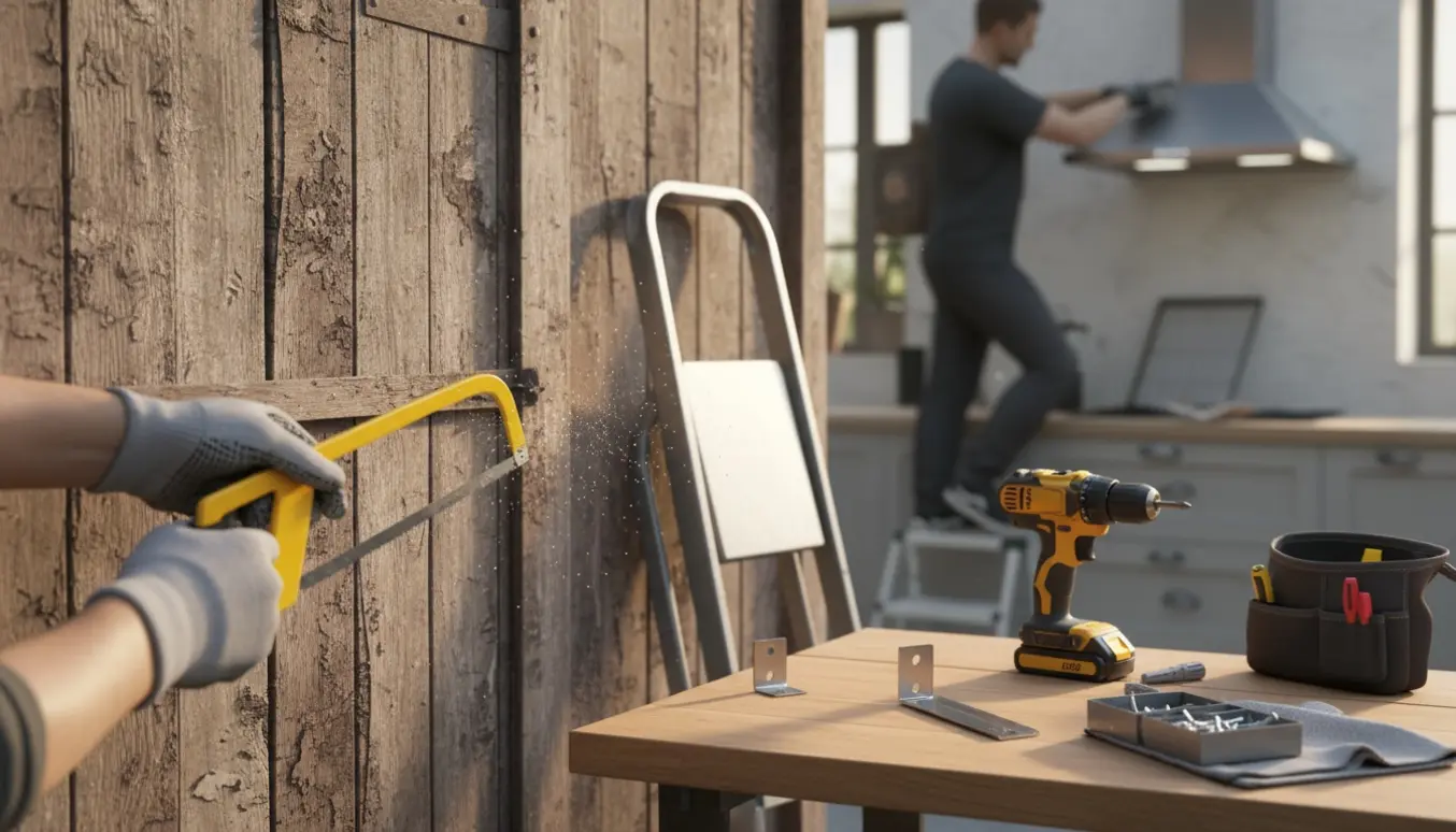 Nærbillede af hænder, der fjerner et rustent beslag på et skur med nyt beslag og værktøj på bordet, mens en pære skiftes i emhætten i baggrunden.