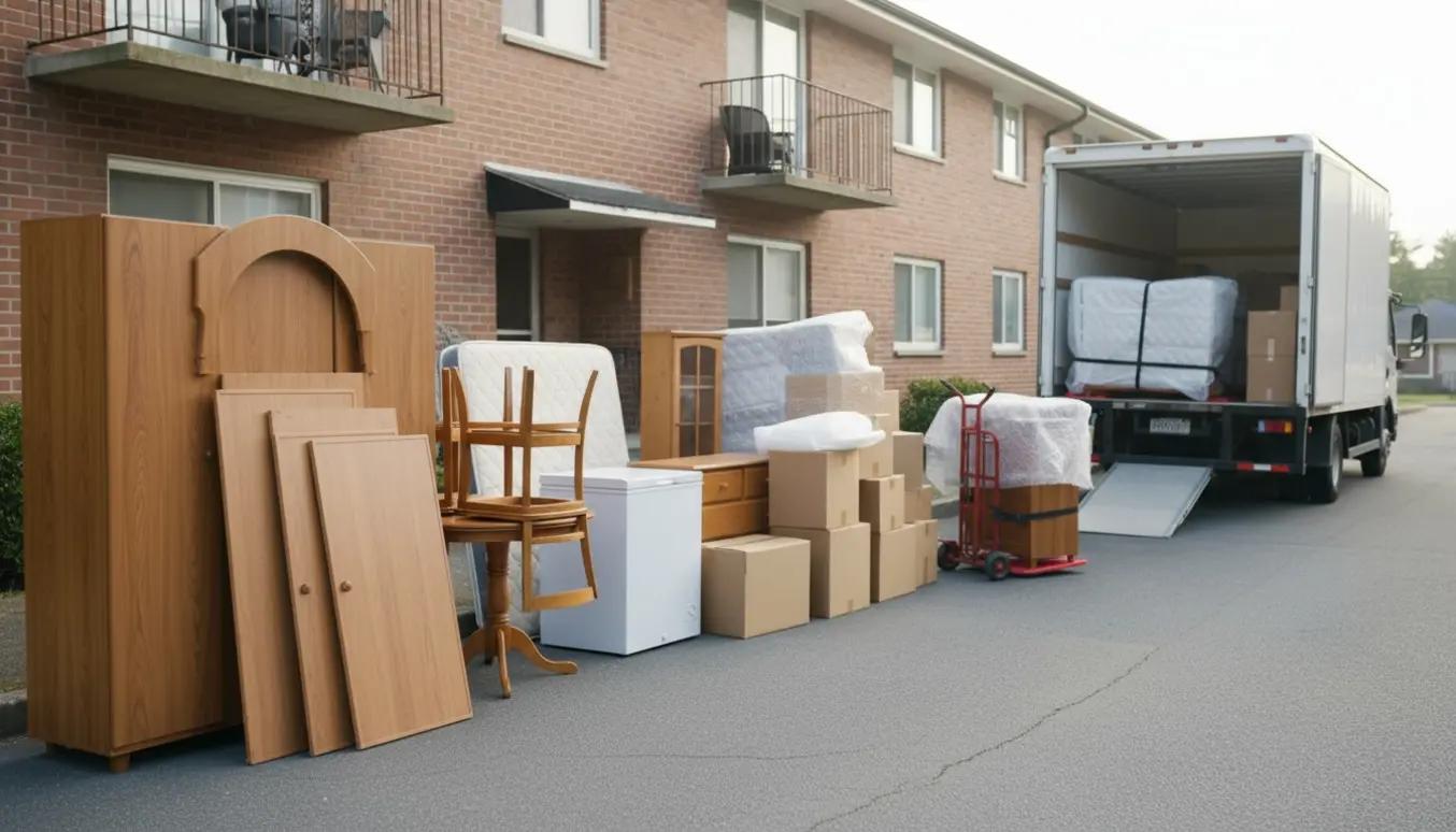 Hyperrealistisk foto af møbler og stablede flyttekasser foran en lejlighed med flyttevogn tæt på, klar til kort flytning.
