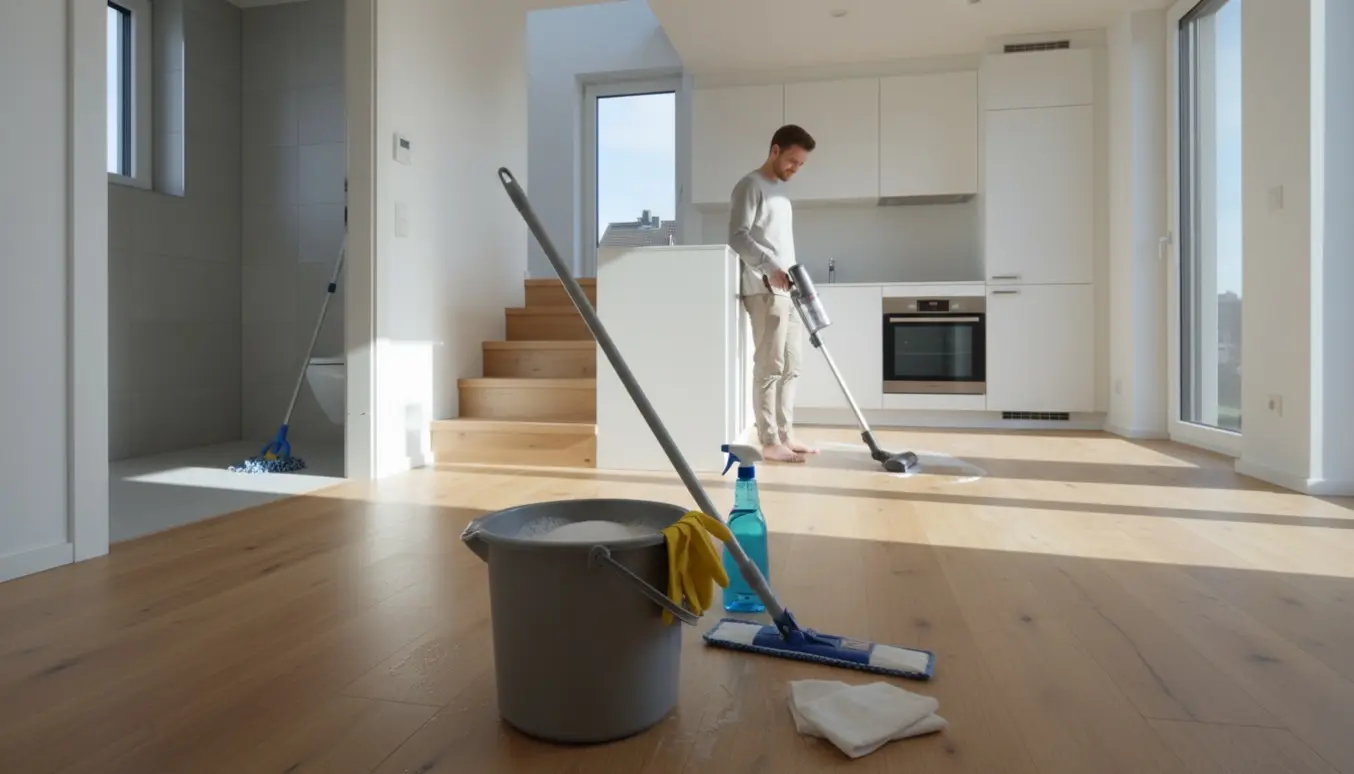 Person støvsuger og vasker gulve i en lys lille lejlighed med stue, køkken og badeværelse synligt.