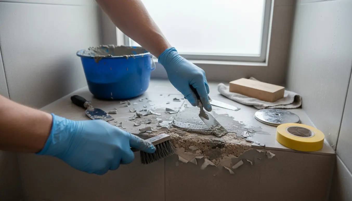 Nærbillede af reparation af malet betongulv i en bruseniche med skraber, reparationsmørtel og afskallet maling.