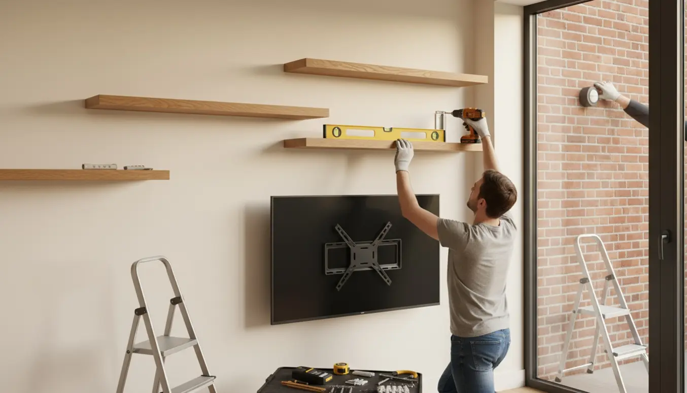 Hænder monterer hylder og vægbeslag til tv, mens en udendørslampe med sensor ses udenfor gennem terrassedøren.