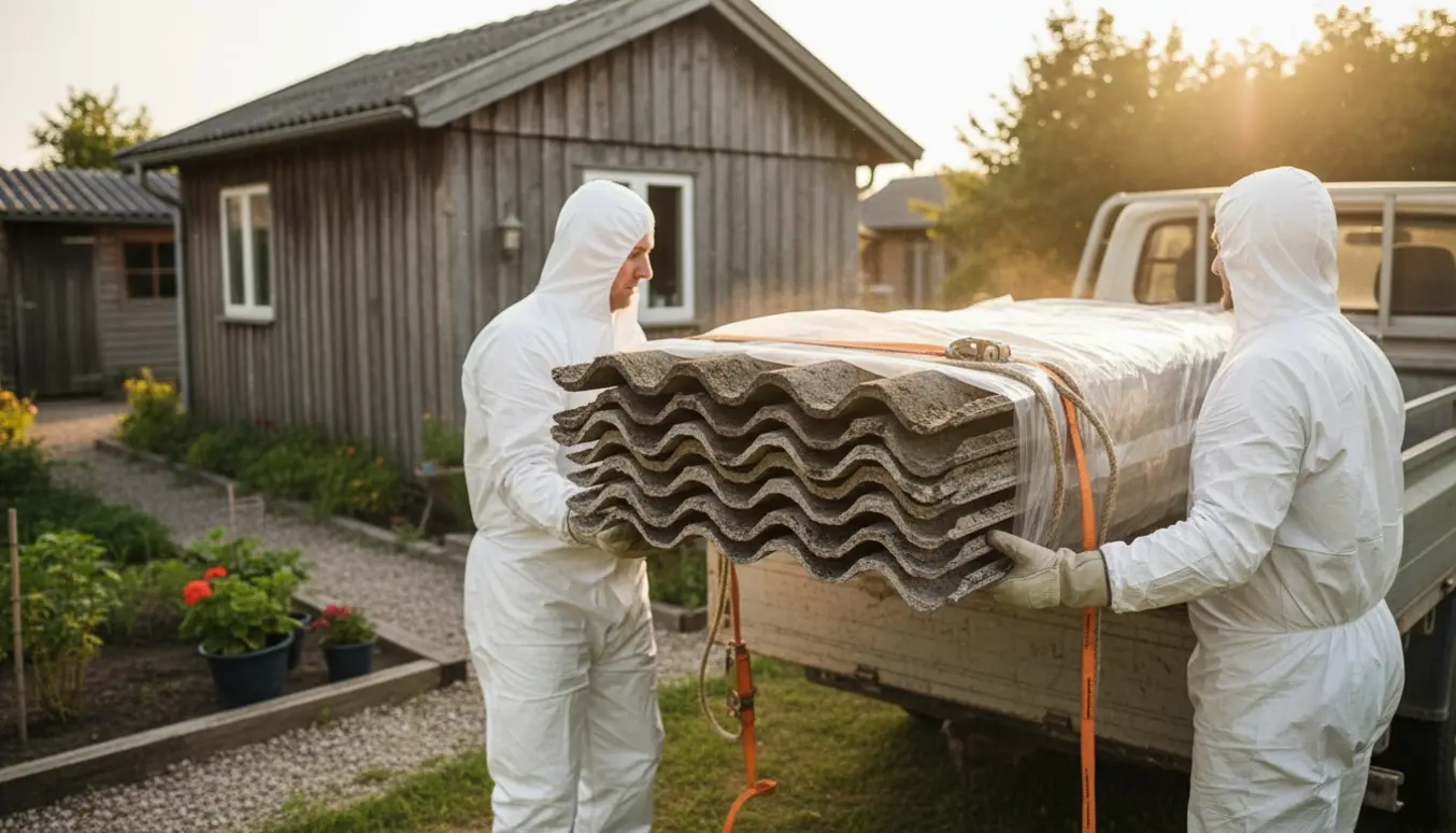 Personer i beskyttelsesudstyr læsser en stak eternitplader fra et kolonihavehus op i en pickup.