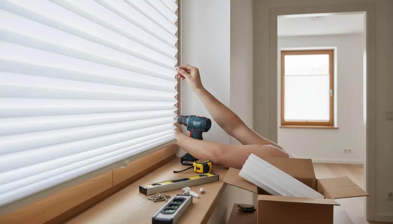 Nærbillede af montering af to klik foldegardiner i tilstødende rum med værktøj på vindueskarmen.