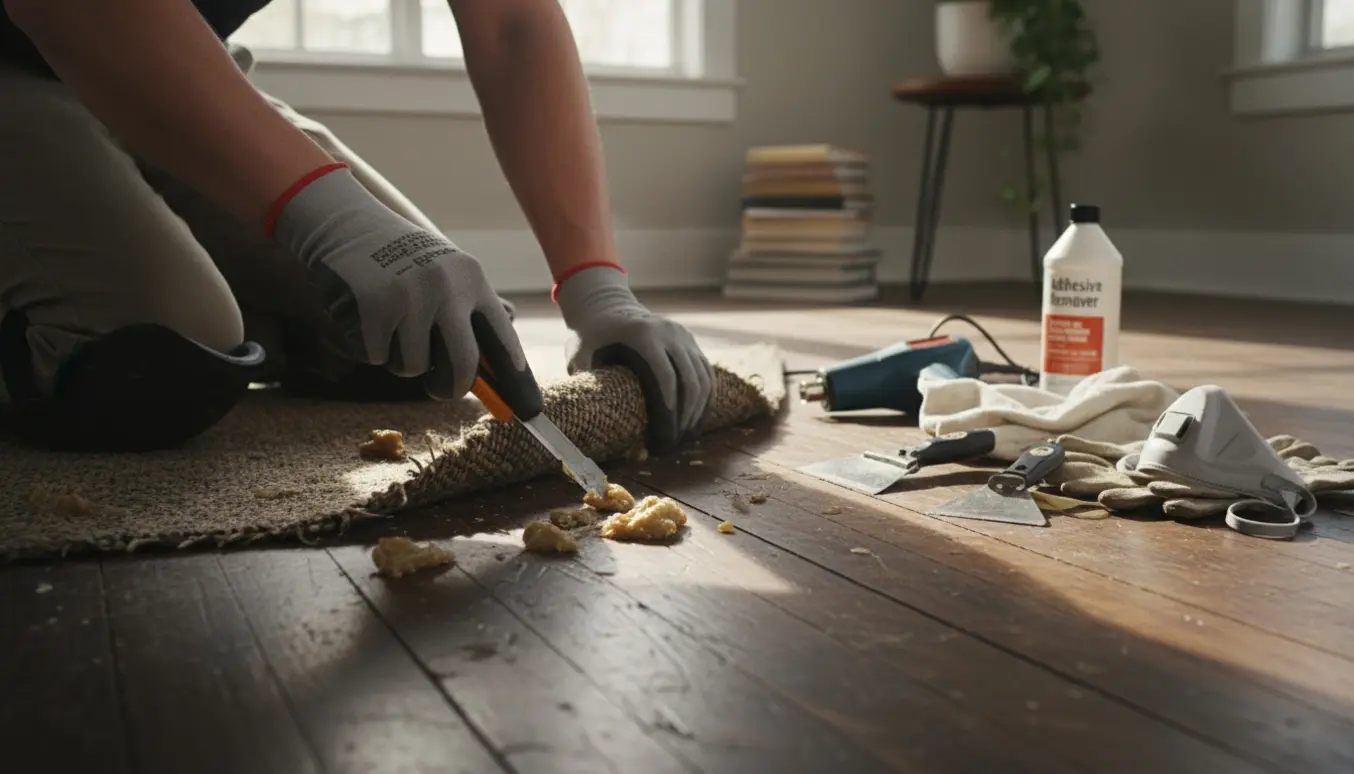 Nogle hænder skraber tæppe og klister af et trægulv med spartel og hobbykniv i et lyst rum.
