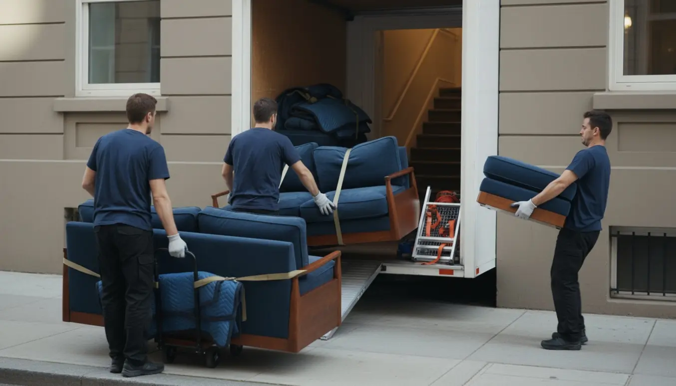 Flyttemænd bærer to tunge sofaafsnit og en puf fra en åben flyttevogn mod opgangens trappe med flytteudstyr omkring dem.
