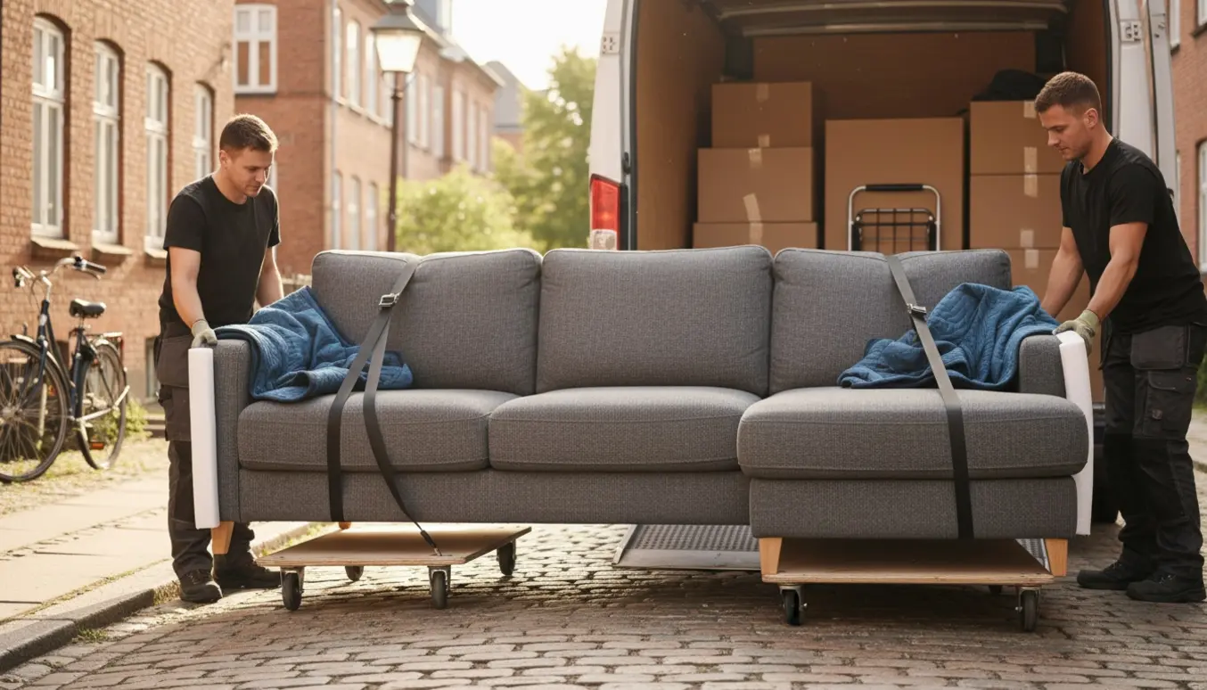 En 3-personers chaiselong-sofa pakket i flyttetæpper bæres ind i en flyttevogn på en solrig gade i København.