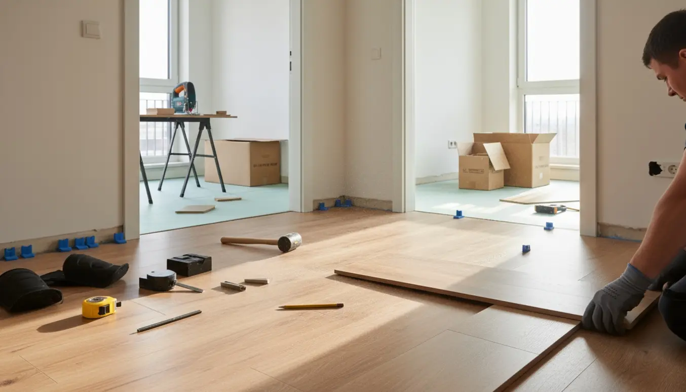 To små rum midt i lægning af laminatgulv med planker og værktøj i naturligt lys.