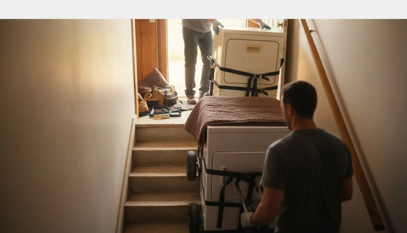 To personer flytter en hvid tørretumbler ned ad en kældertrappe med flyttevogn og sikringsstropper, mens en gammel maskine gøres klar til afhentning.