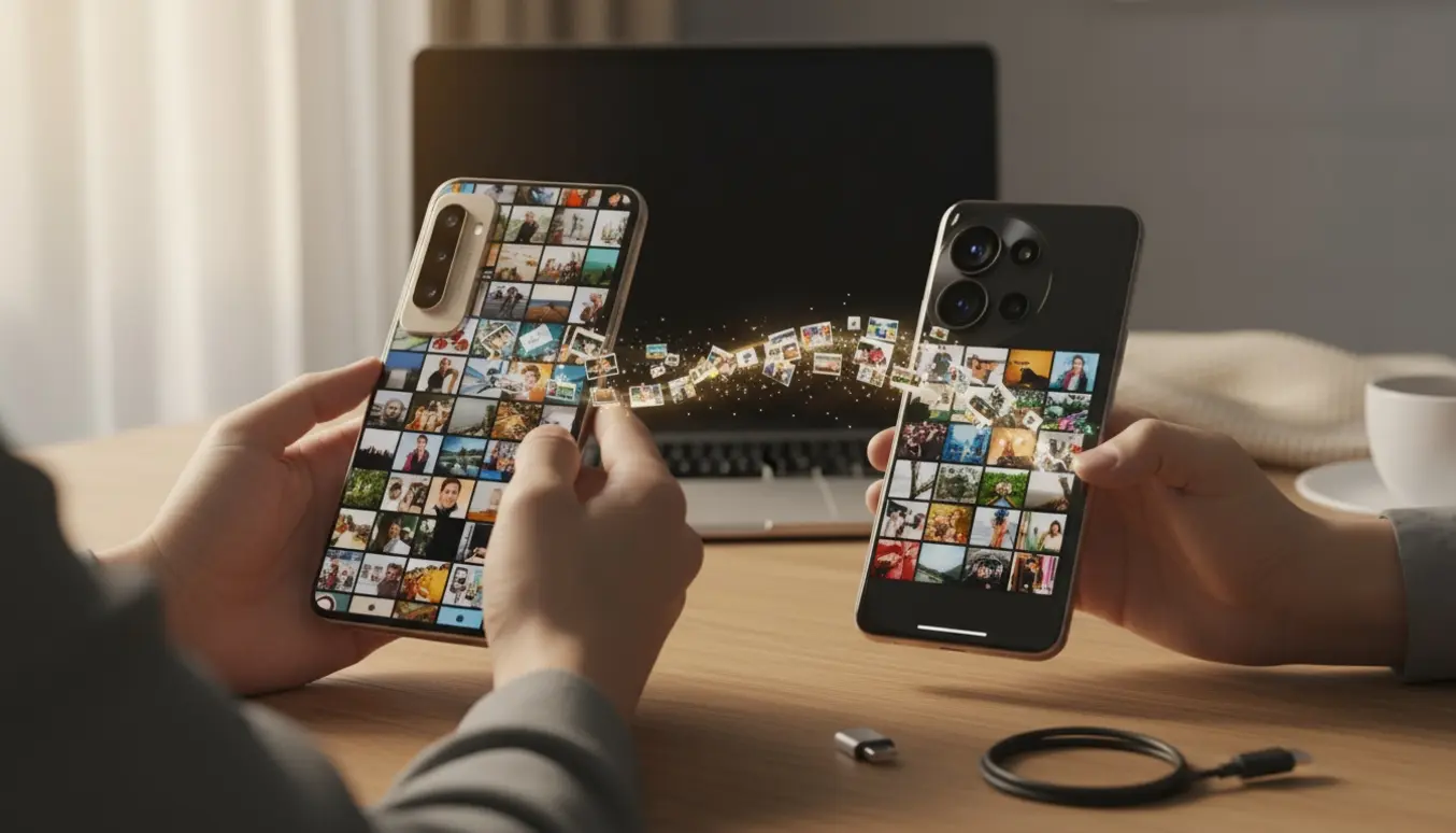 To moderne Android-telefoner på et bord, hvor fotos overføres fra den ene til den anden med en synlig strøm af billedminiaturer.