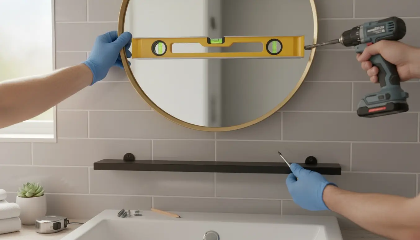 Hænder monterer et spejl og en lille hylde på en flisebeklædt væg over en hvid håndvask.