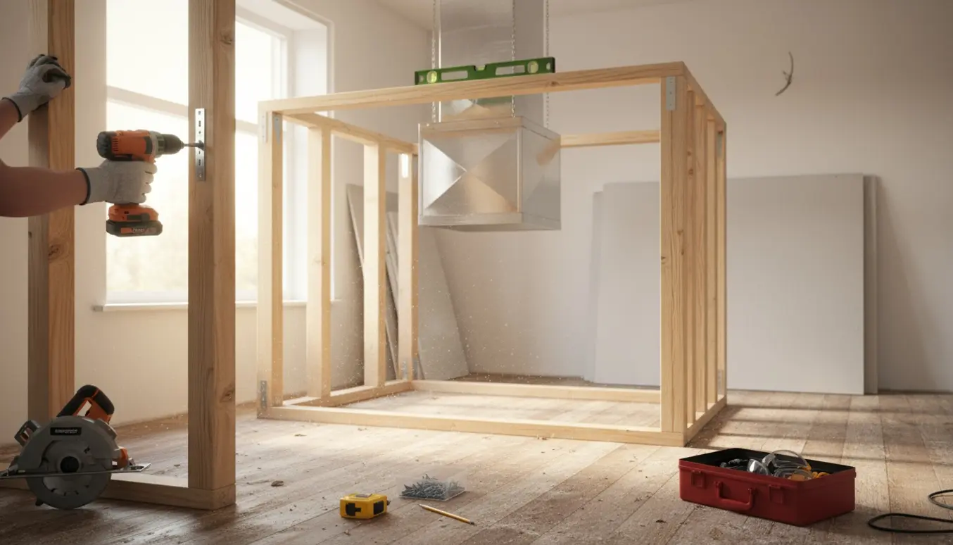 Halvfærdig opbygning af en kasse omkring et ventilationsanlæg med værktøj og handsker i forgrunden.