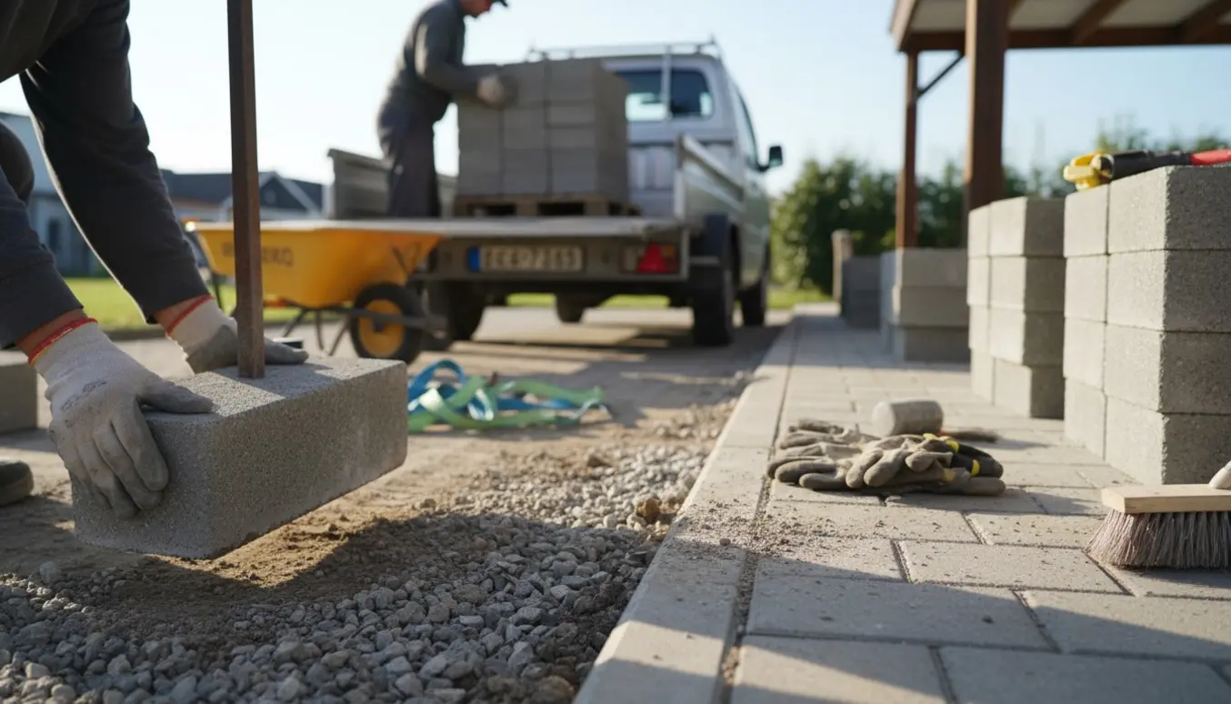 Arbejdere løfter og stabler kantsten ved en gangsti og carport klar til bortkørsel.