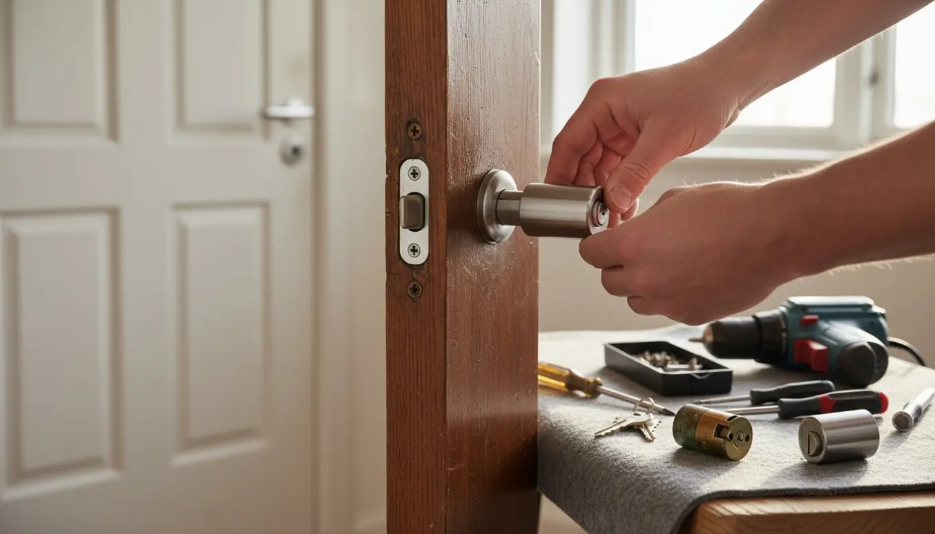Hænder, der udskifter gamle låsecylindre i hoveddør og bryggersdør med nye, moderne sikkerhedslåse.