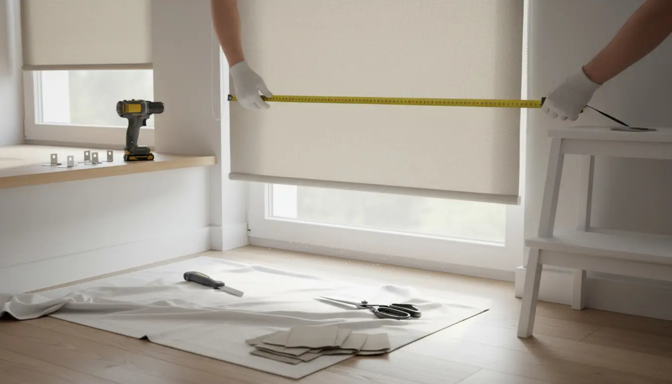 Nærbillede af hængt rullegardin, hvor hænder måler og skærer blindet til ved et solbelyst vindue.