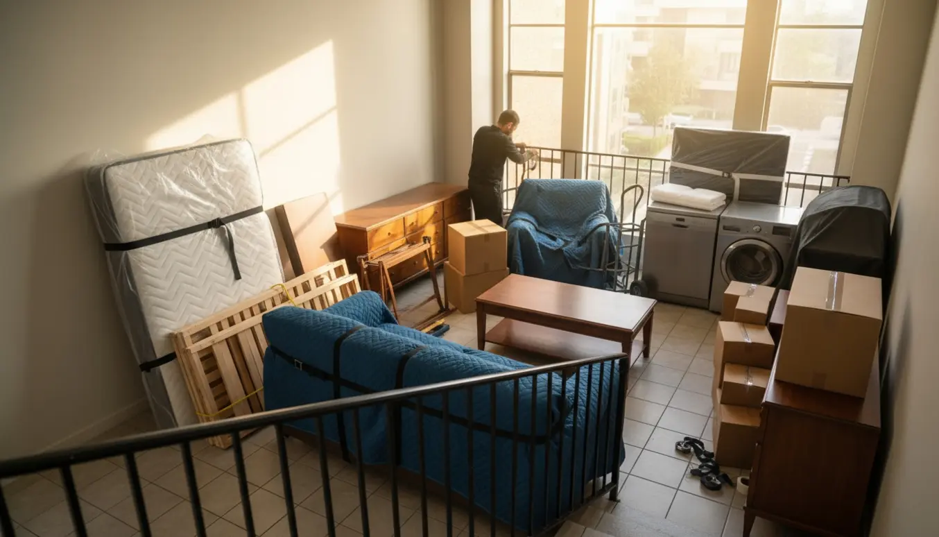 Flytteopgang med indpakkede møbler, stablede flyttekasser og en stor madras klar til transport.