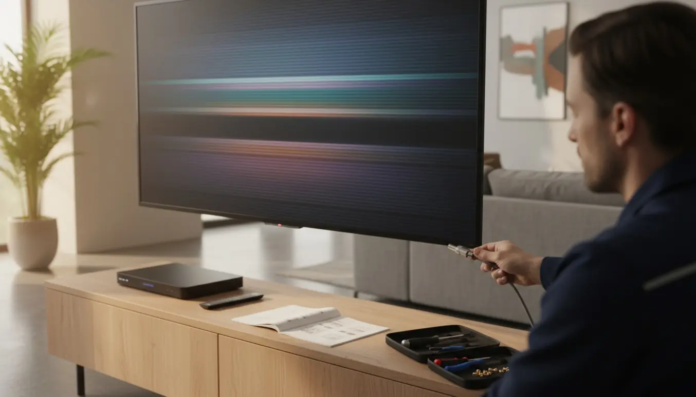 En tekniker tilslutter et koaksialkabel til et fladskærms-tv i en lys stue for at installere kanaler, mens ansigtet er ude af fokus.