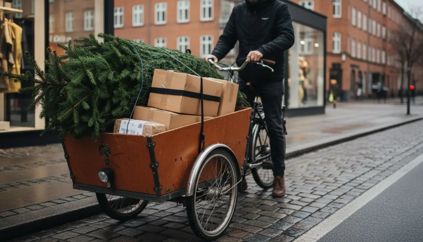 En ladcykel læsset med et juletræ og papkasser parkeret ved en afhentningszone i København.