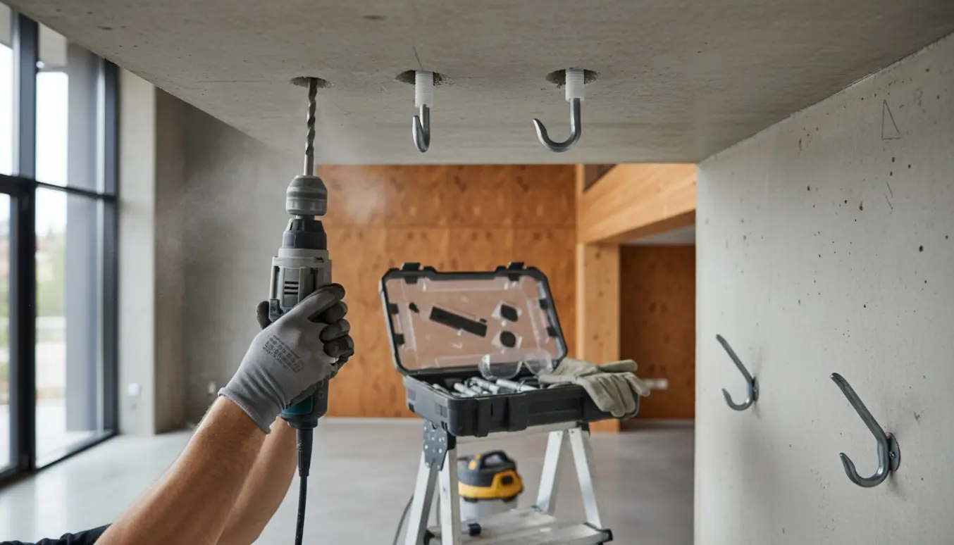 Nærbillede af montering af solide kroge og rawlplugs i et betonloft i et moderne rum.
