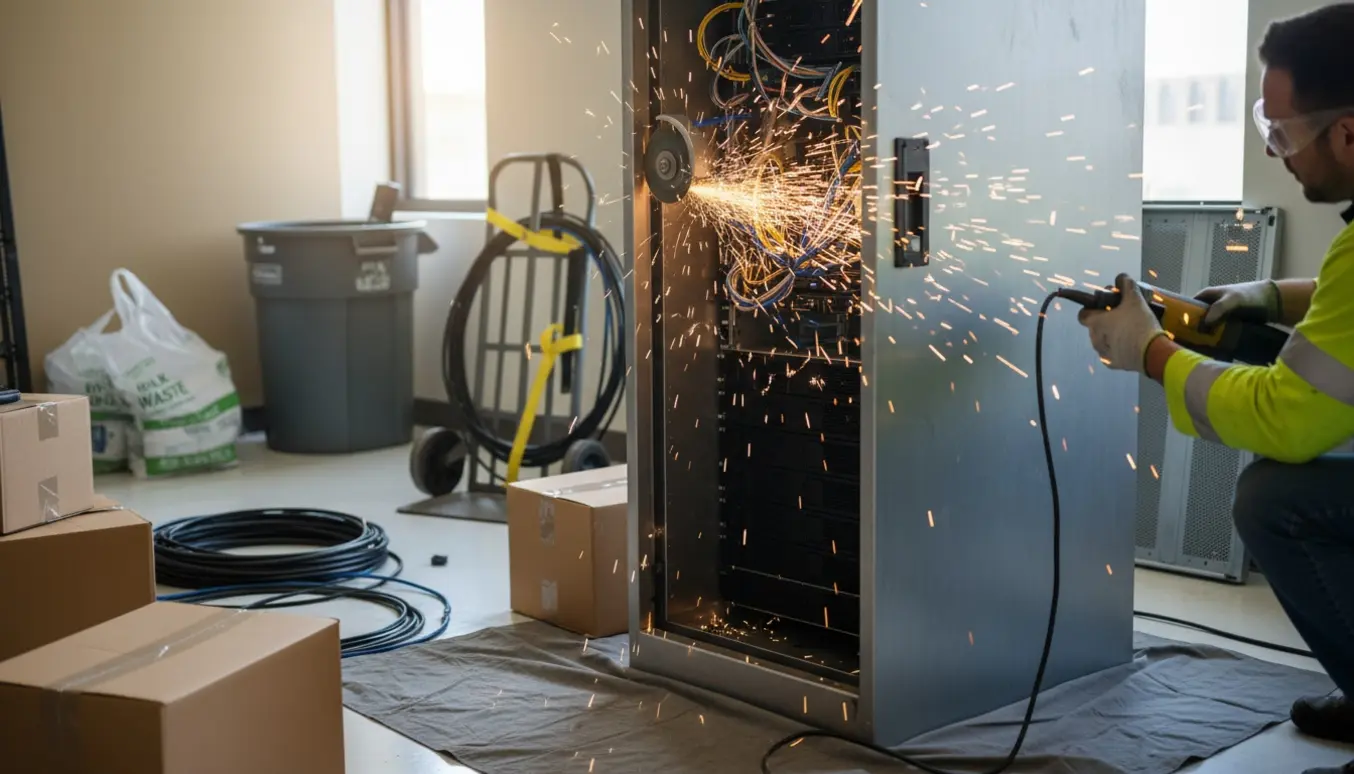 En tekniker skærer et stort metalskab op med vinkelsliber i et kontor, mens servere og flyttekasser står omkring.