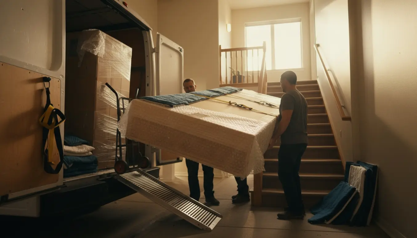 To personer løfter et indpakket spisebord fra en åben varevogn og op ad en trappe til 2. sal i aftenslys.