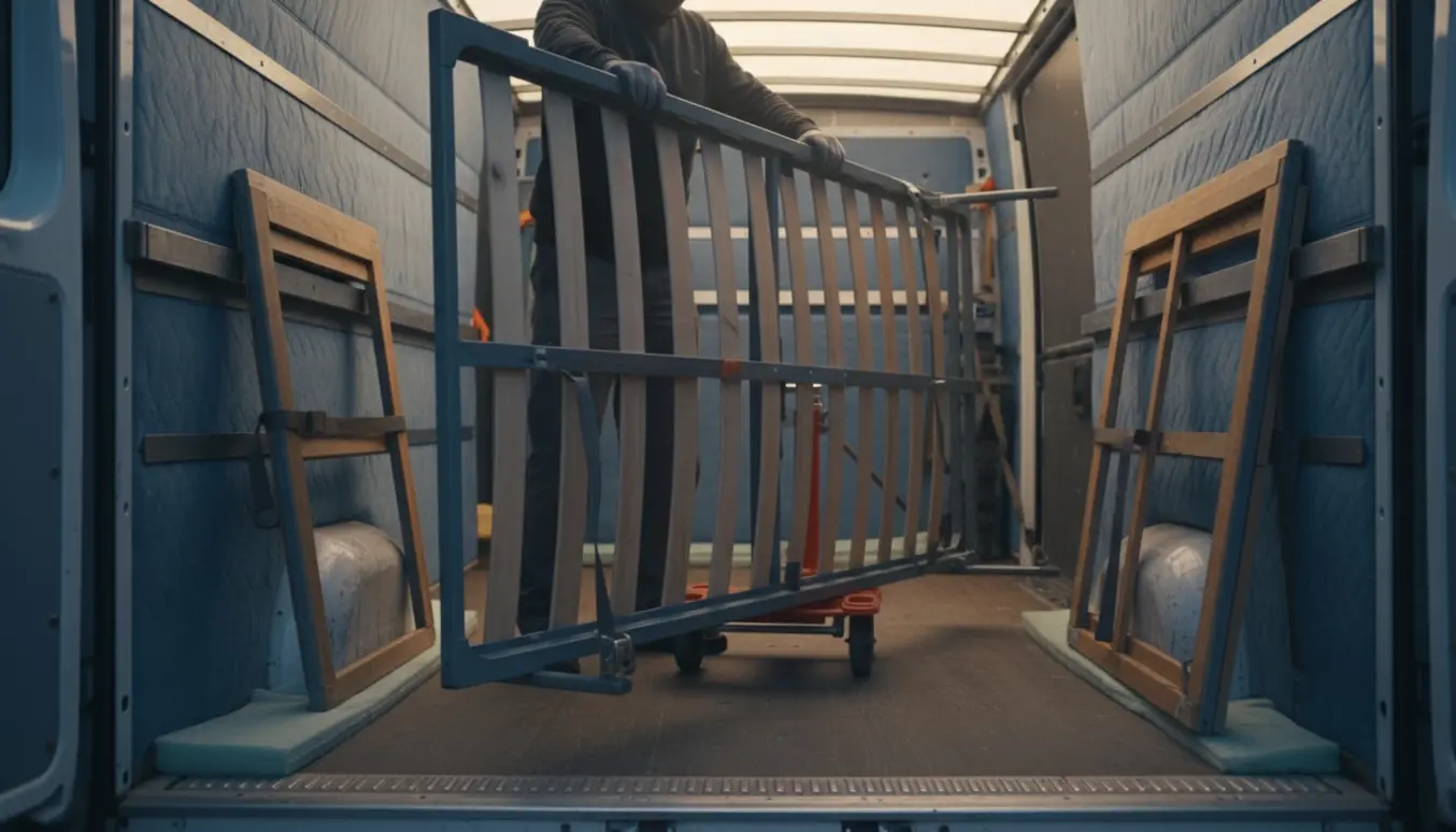 Sofastel uden madras læsses i en flyttebil med afmonterede sider ved siden af.